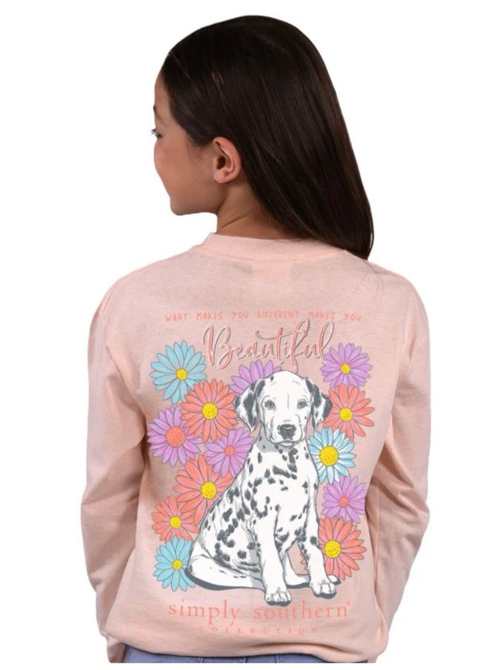 Simply Southern Dalmatian Puppy Floral Long Sleeve Tee Youth Large Pink Camp